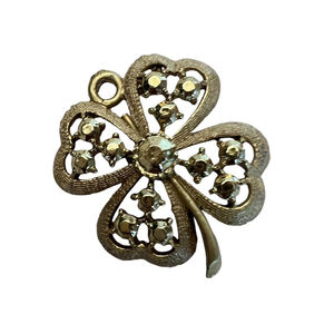 Vintage Estate 4 Leaf Clover Brooch Pin Gold Rhinestone Studded Mid Century